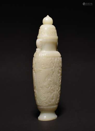 A CARVED WHITE JADE VASE AND COVER , Qing Dynasty