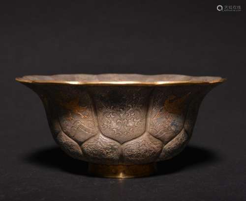 A CARVED GOLD-INLAID SILVER BOWL , Tang Dynasty