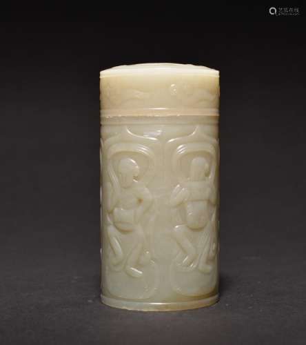 A CARVED WHITE JADE BOX AND COVER , Qing Dynasty