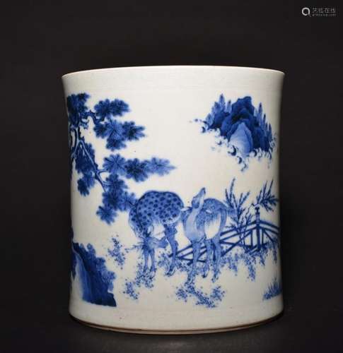 A BLUE AND WHITE BRUSHPOT .BITONG , Qing Dynasty