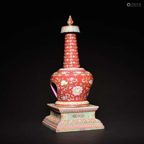 A CORAL- GROUND FAMILLE-ROSE MODEL OF STUPA , Qing Dynasty