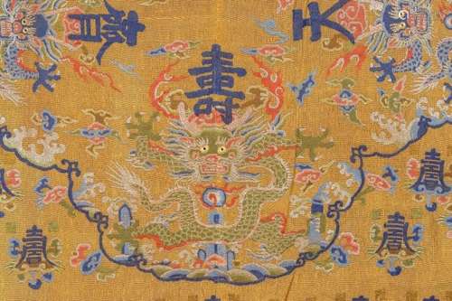 A YELLOW BROCADE EMBROIDERED SILK DRAGON PANEL , 18TH CENTURY