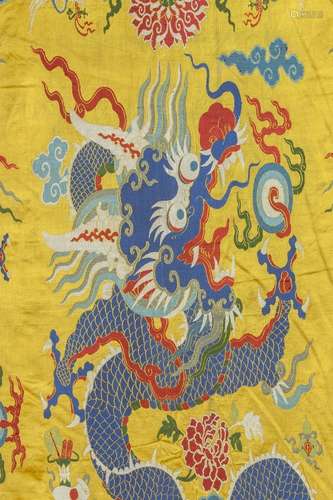 A YELLOW BROCADE EMBROIDERED SILK DRAGON PANEL , 18TH CENTURY