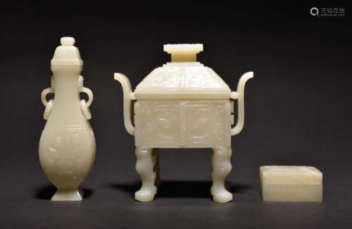 A SET OF THREE CARVED WHITE JADE CENSER,VASE AND BOX , Qing Dynasty