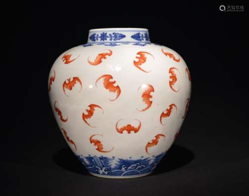 A BLUE AND WHITE COPPER-RED JAR , Qing Dynasty
