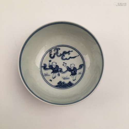 Fine Chinese Blue and White Bowl with Children Playing