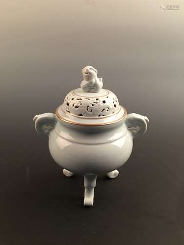 chinese Light Blue Glaze Censer With Qianlong Mark