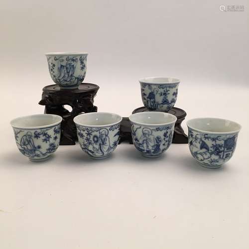 Set of Six Pieces Blue and White Wine Cups