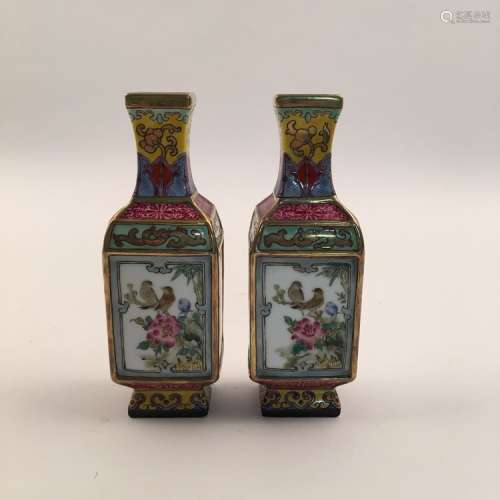 Pair of Chinese Famille Rose Bird Vase