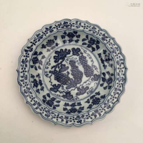 Fine Blue and White Plate with Grapes Design