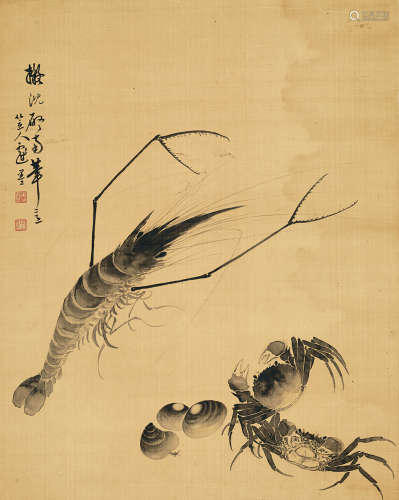 姜渔 虾蟹图 立轴 水墨绢本