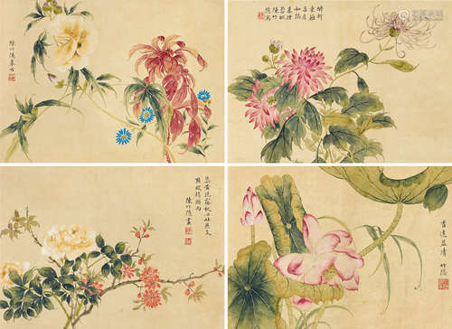 陈竹隐 花卉 对屏立轴 设色纸本