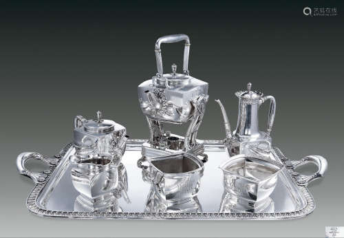 约1873年 美国 TIFFANY & CO. 纯银錾花咖啡茶具 附竹节装一体式加热炉 （七件套）