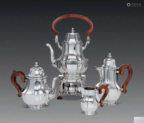 约1910年 法国 PUIFORCAT ART DECO风格 纯银木柄咖啡茶具 烧水壶附可加热底座 （四件套）