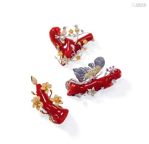 天然红珊瑚配彩色宝石及钻石胸针 （一组）