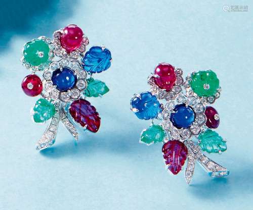 天然祖母绿、红宝石、蓝宝石及钻石耳环