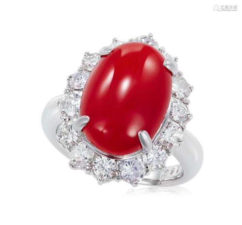 天然红珊瑚配钻石戒指
