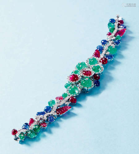 天然祖母绿、红宝石、蓝宝石配钻石手链