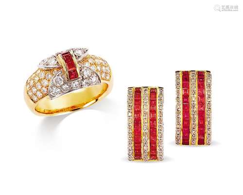 红宝石配钻石戒指 玳美雅 Damiani 及 红宝石配钻石耳环套装