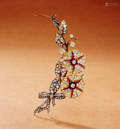 约19世纪末制 天然彩色宝石配钻石「花朵」胸针