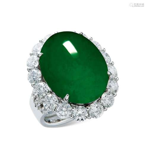 天然满绿翡翠「蛋面」配4.53克拉钻石戒指