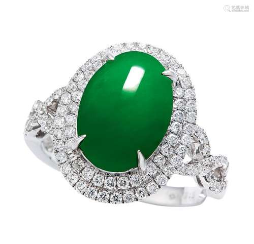 天然满绿翡翠「蛋面」配钻石戒指