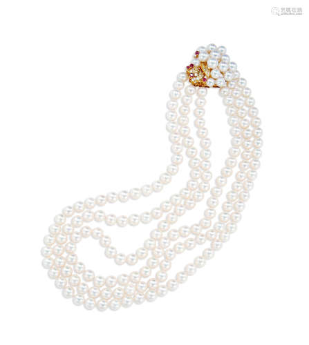 Akoya珍珠配天然红宝石及钻石项链 约6.5-7.0mm