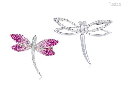 总重1.15克拉天然粉色蓝宝石配钻石「蜻蜓」胸针 及 总重0.53克拉钻石「蜻蜓」胸针 （一对）