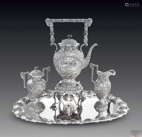 约1880年制 美国 GALT & BRO.INC 新古典主义 纯银高浮雕城堡系列咖啡茶具 附可加热底座 （四件套）