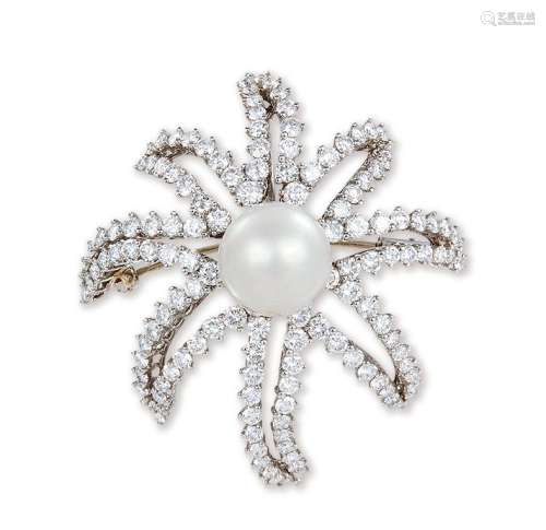 总重约4克拉钻石配珍珠「烟花」胸针 约10.72mm 蒂芙尼 Tiffany & Co.