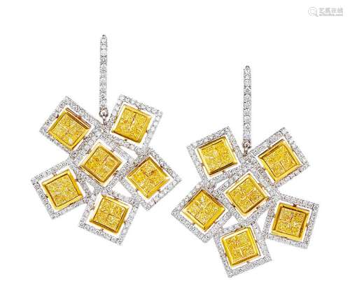 48颗总重3.84克拉天然彩黄色VVS2-VS2净度钻石配钻石耳环