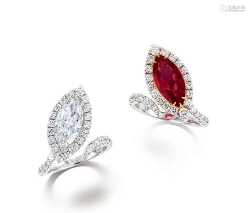 3.17克拉天然「马眼形」泰国红宝石配钻石戒指 及 2.13克拉天然「马眼形」H色钻石配钻石戒指 （一对）