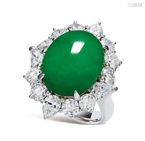 天然满绿翡翠「蛋面」配2.86克拉钻石戒指
