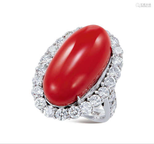 天然红珊瑚配2.49克拉钻石戒指