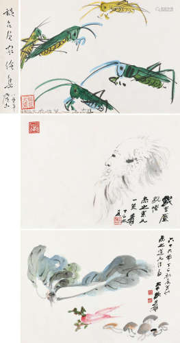 张大千丁雄泉 1977年作 戏写尘貌 （三帧） 镜心 设色纸本