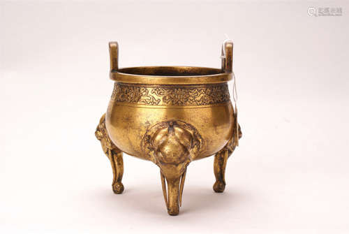 A Chinese Gilt Bronze Tripod Incense Burner 