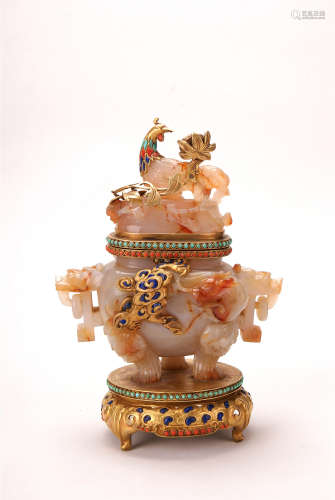 A Chinese Jewelry Inlaid Agate Incense Burner 