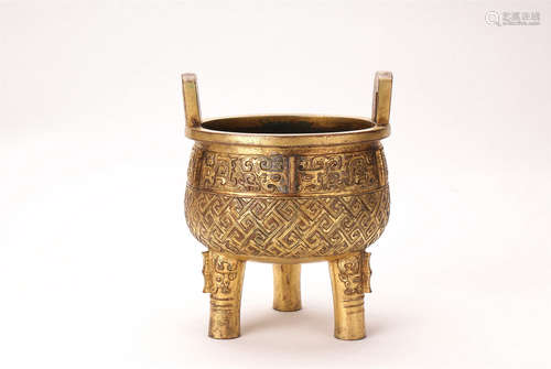 A Chinese Gilt Bronze Tripod Incense Burner