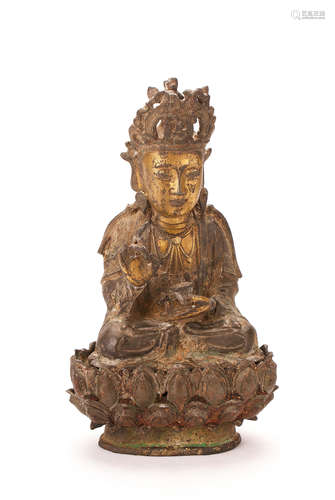 A Chinese Gilt Bronze Figure Of Seated Shakyamuni