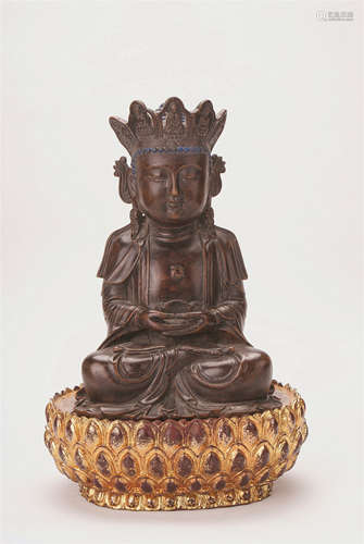 A Chinese Eagle Wood Figure Of Shakyamuni With Gilt Stand