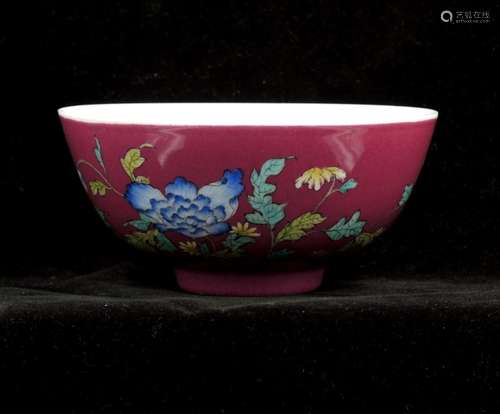 CHINESE RUBY GROUND FAMILLE ROSE PEONY BOWL