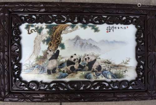 HARDWOOD FRAMED CHINESE PANDA PORCELAIN PLAQUE