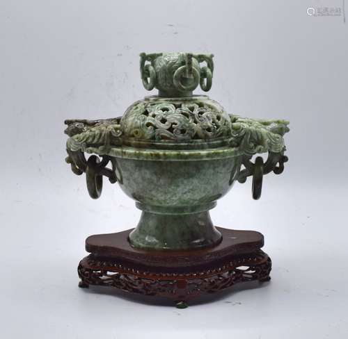 CHINESE CARVED JADEITE LIDDED CENSER ON STAND