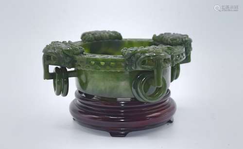 CHINESE CARVED SPINACH JADE CENSER WITH STAND