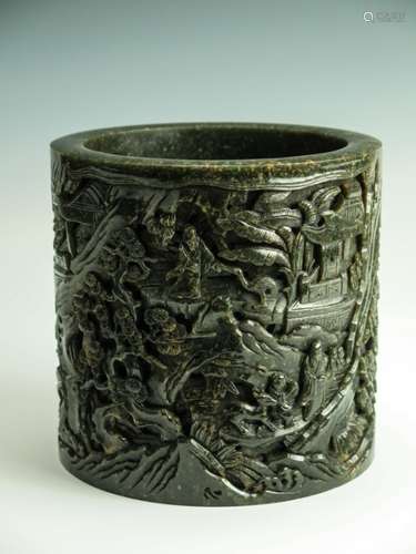 CHINESE CARVED SPINACH JADE BRUSH POT