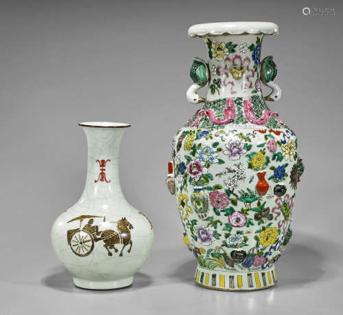 Two Chinese Vases: Famille Rose & Crackle-Glazed