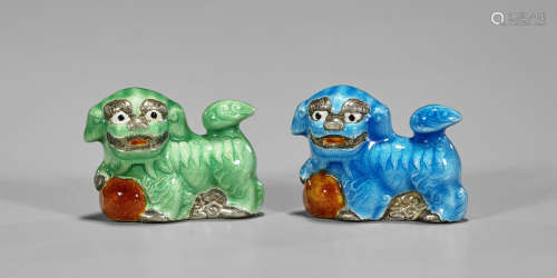 Pair Old Chinese Enameled Silver Fo Lions