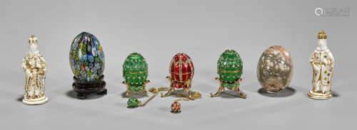 Group Glass, Stone & Enamel Eggs with Two Figurines