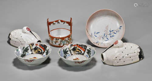 Six Japanese Porcelains: Censers, Dishes & Bucket