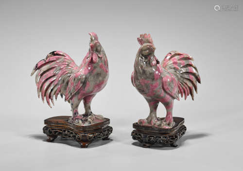 Pair Chinese Carved Rhodonite Roosters